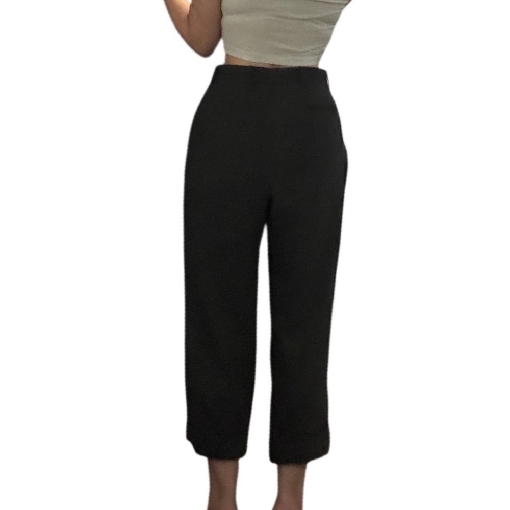 Vintage Wool Cuffed Pleated Trousers High Waisted Cropped Slouchy Dark Grey Sz S - Picture 5 of 5